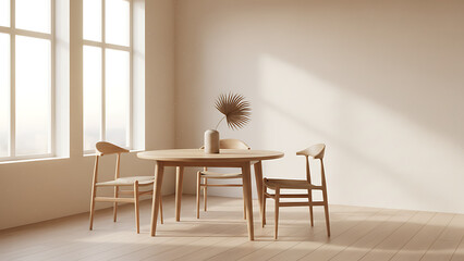 Bright Scandinavian Dining Room Corner with Stucco Wall, Wooden Table, and Empty Copy Space - Minimalist Interior Design