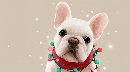 A cute French Bulldog wearing a festive red scarf adorned with colorful lights. This playful pet exudes charm and joy, perfect for holiday themes.