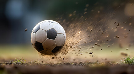 A close-up view of a soccer ball rolling through dirt, kicking up dust and debris, capturing the thrill and motion of outdoor sports activities.