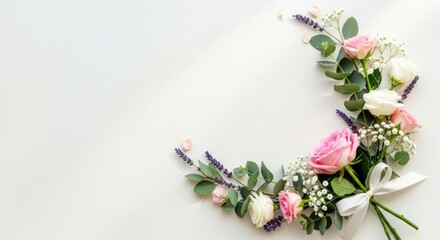 A pink rose with green leaves and white flowers on a white background.