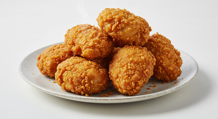 Perfectly golden fried chicken nuggets with a crispy coating piled high on a plate under bright clean studio illumination. AI Generated