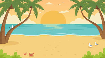 Sea beach sunset background. flat illustration design