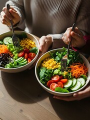 Couple eating healty salad at home on the sofa 