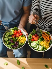 Couple eating healty salad at home on the sofa 