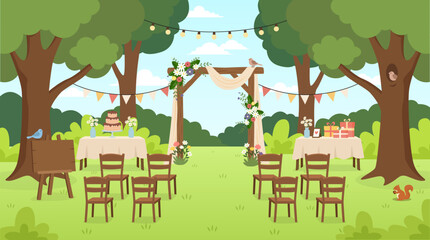 scene depicting the preparations for a wedding in a lush, natural garden. flat illustration design