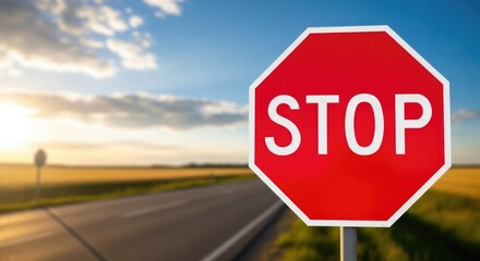 A red stop sign on a road with a blurred background of a field and a blue sky with clouds.
