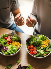 Couple eating healty salad at home on the sofa 