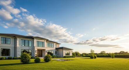 A modern, luxurious home with a large lawn and a clear blue sky in the background.