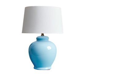 Light-blue lamp with white shade centered on left, against black background