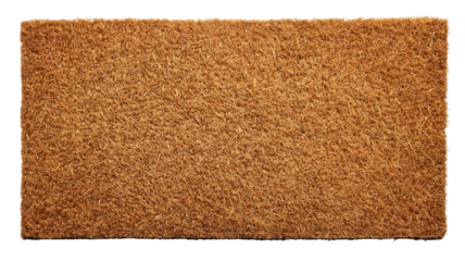 Textured, rectangular, tan coir doormat on a black background
