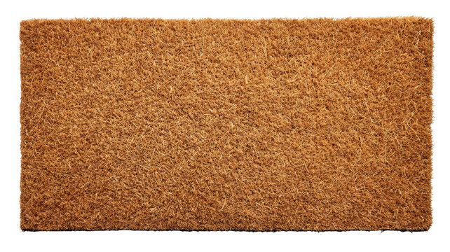 Textured, rectangular, tan coir doormat on a black background