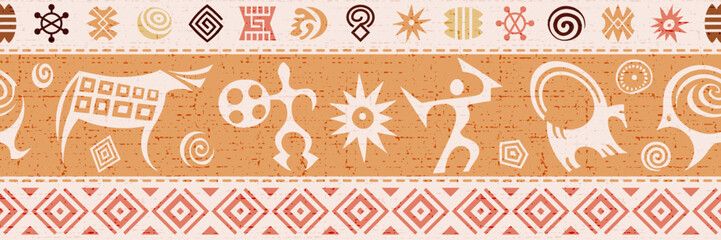 Ethnic seamless border on the theme of rock paintings, petroglyphs and geometric pattern, vector design, banner