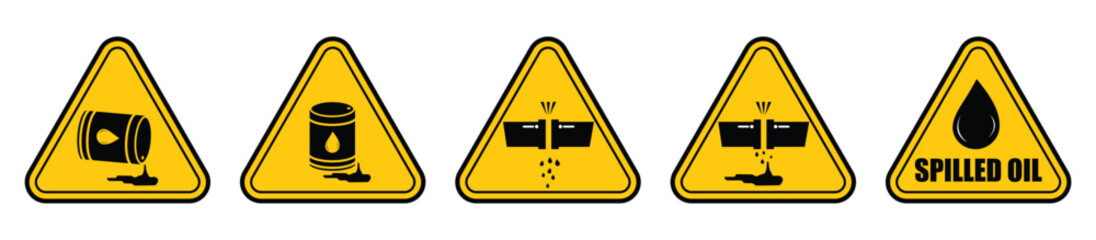 Industrial Oil Spill Hazard & Leaking Pipe Safety Warning Sign Vector Set