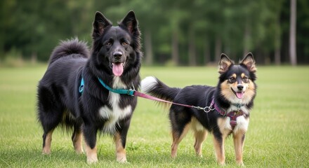 Two black and white dogs standing on a grassy field with trees in the background.