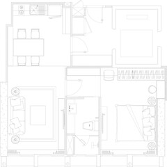 Interior Design Drawing of Small Residential Condominium with Functional Furniture Layout Including Kitchen, Living Area, Bedroom, and Bathroom