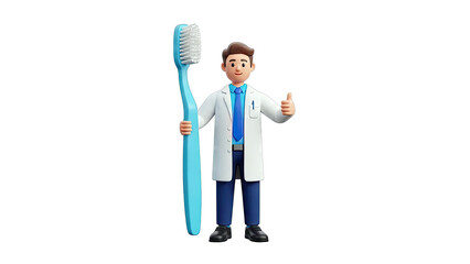 Cartoon dentist holding a large toothbrush and giving a thumbs up