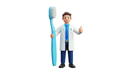 Cartoon dentist holding a large toothbrush and giving a thumbs up