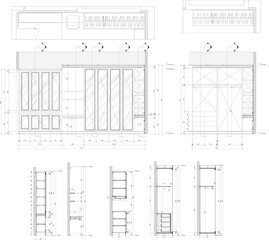 Luxury Modern Interior Design of Dressing Area with Built-in Wardrobe, Storage Cabinets, Vanity Table, and Detailed Section Drawing