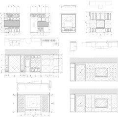 Interior Design Collection of 2D Drawing Samples Including TV Cabinet, Kitchen Cabinet, Bed Headboard, Wardrobe, and Storage Units