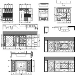 Interior Design Collection of 2D Drawing Samples Including TV Cabinet, Kitchen Cabinet, Bed Headboard, Wardrobe, and Storage Units