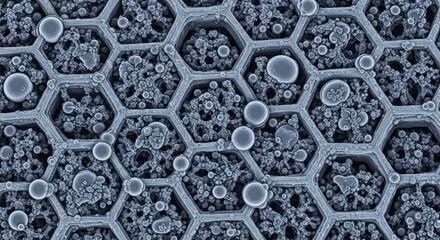 A close-up of a honeycomb structure with hexagonal cells and air bubbles.