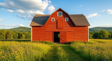 A red barn with a green roof and a black door stands in a field of yellow and purple flowers under a blue sky with white clouds.