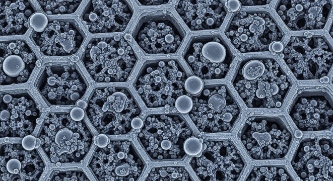 A close-up of a honeycomb structure with hexagonal cells and air bubbles.