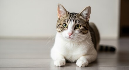 A curious tabby cat with green eyes and white paws sits on a wooden floor.