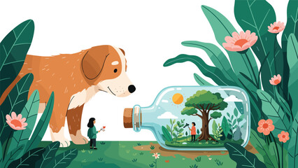 Fototapeta premium Conceptual illustration of environmental protection with a giant dog and a tiny person looking at a miniature ecosystem inside a glass bottle.
