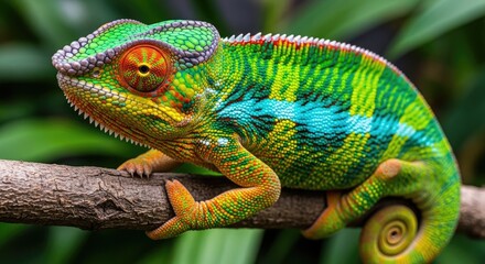 A colorful chameleon with vibrant green, blue, and orange stripes on its body, perched on a branch with its tail curled up.