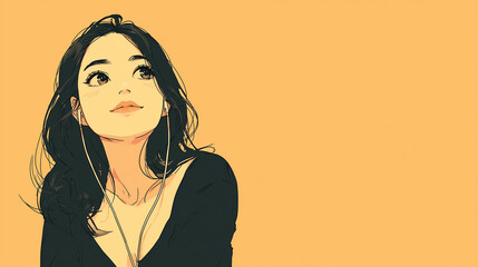 ヘッドフォンで音楽を聞く女性をYouTube動画サムネイル用にアニメスタイルで描いたAI生成画