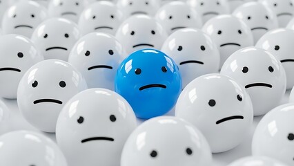 A poignant black vector logo concept illustrating a unique blue sad face standing out from a white crowd