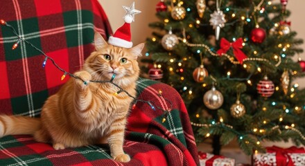 A ginger cat wearing a Santa hat and holding a Christmas tree decoration in its mouth.