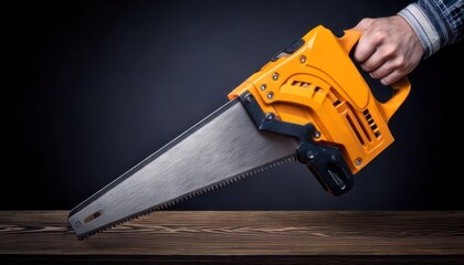 Hand holding chainsaw on wooden surface.