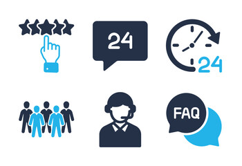 24-Hour Customer Service and Review icon set. Solid glyph series icons