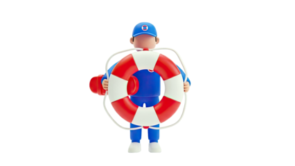 3D Cartoon Lifeguard Character Holding a Lifebuoy
