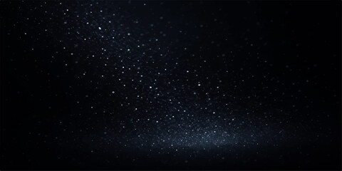 Obraz premium Abstract motion of falling snowflakes loop through a dark starry universe filled with blue nebula dust and light across the black outer space galaxy