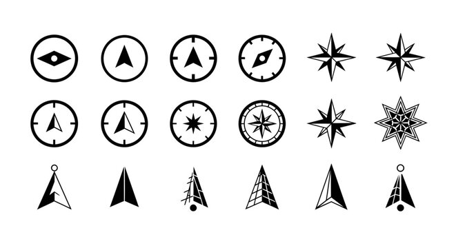 Set of various black and white compass and navigation arrow icons in different styles.