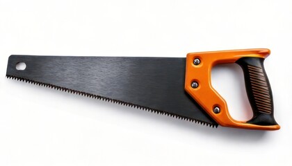 Handsaw with Orange Handle on White Background.
