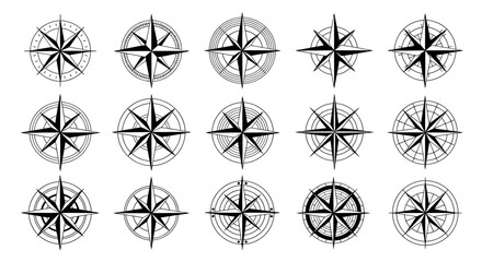 Set of sixteen different black and white compass rose icons with unique geometric designs.