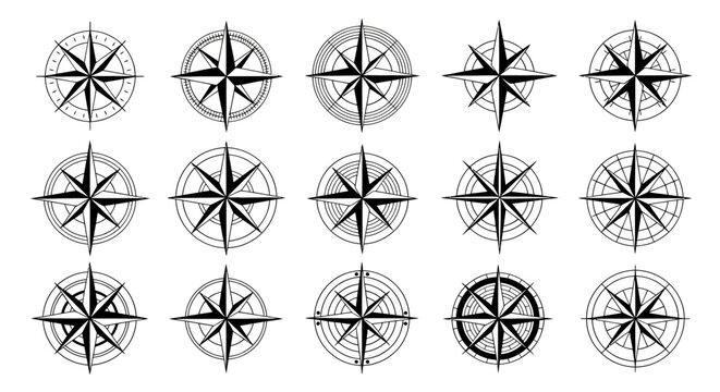 Set of sixteen different black and white compass rose icons with unique geometric designs.