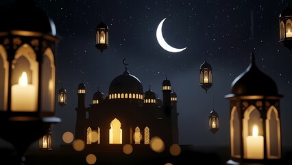 Islamic night scene with hanging glowing lanterns, crescent moon, and majestic mosque silhouette on starry sky background for Ramadan Kareem and Eid Mubarak