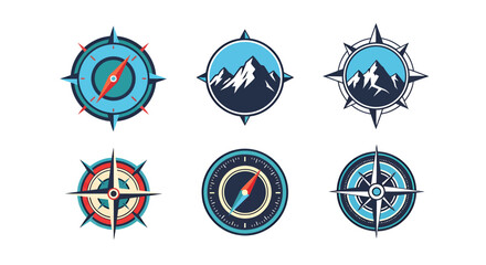 Set of six illustrated icons featuring compasses and mountain symbols for navigation and adventure themes.