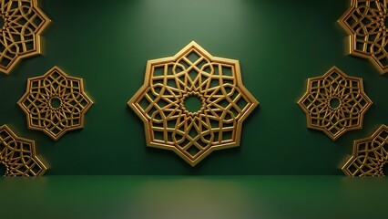 Luxury Islamic Green Podium Background with Golden Ornamental Stars for Ramadan Kareem and Eid Mubarak Greeting