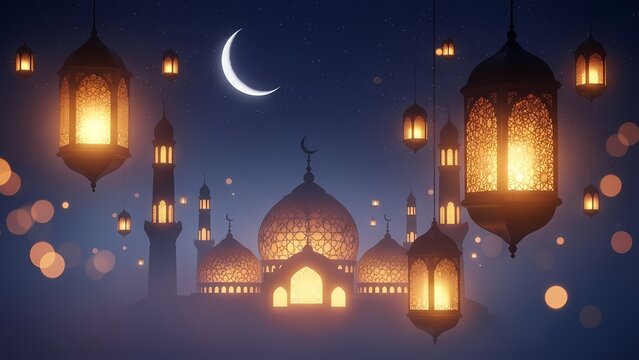 Beautiful Islamic night background with glowing lanterns, crescent moon, and mosque silhouette for Ramadan Kareem and Eid Mubarak celebration