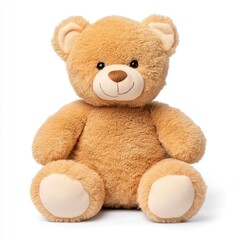 Cute plush teddy bear sitting on white background toy photography studio environment close-up perspective