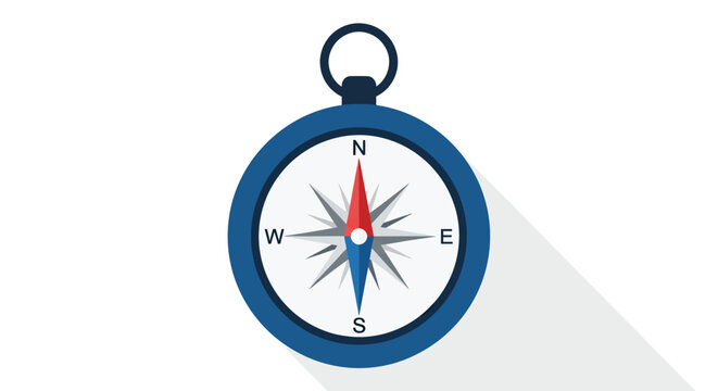 Flat illustration of a blue and red compass with shadow on white background.