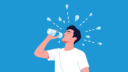 Young man drinking from a plastic bottle to quench his thirst and rehydrate, with water splashing around him on a blue background.