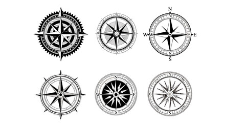 Obraz premium Set of six detailed black and white compass rose illustrations for navigation and design.