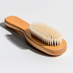 Natural bamboo hair brush on white surface product photography elegant design minimalist style